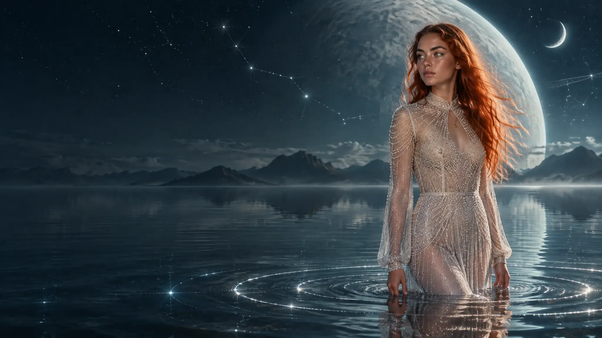 Freya, with long copper hair and a beaded silver gown, standing in a moonlit sea under a giant planet