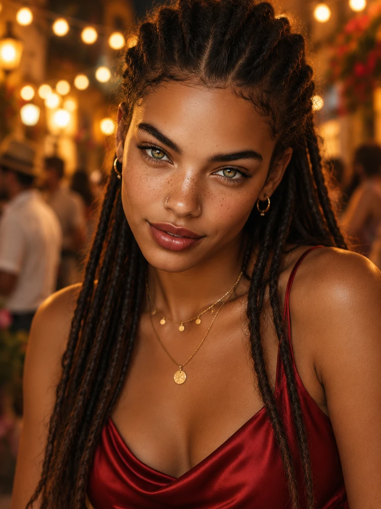 Portrait of Lola with long locs and gold hoops, smiling at a warm-lit fiesta