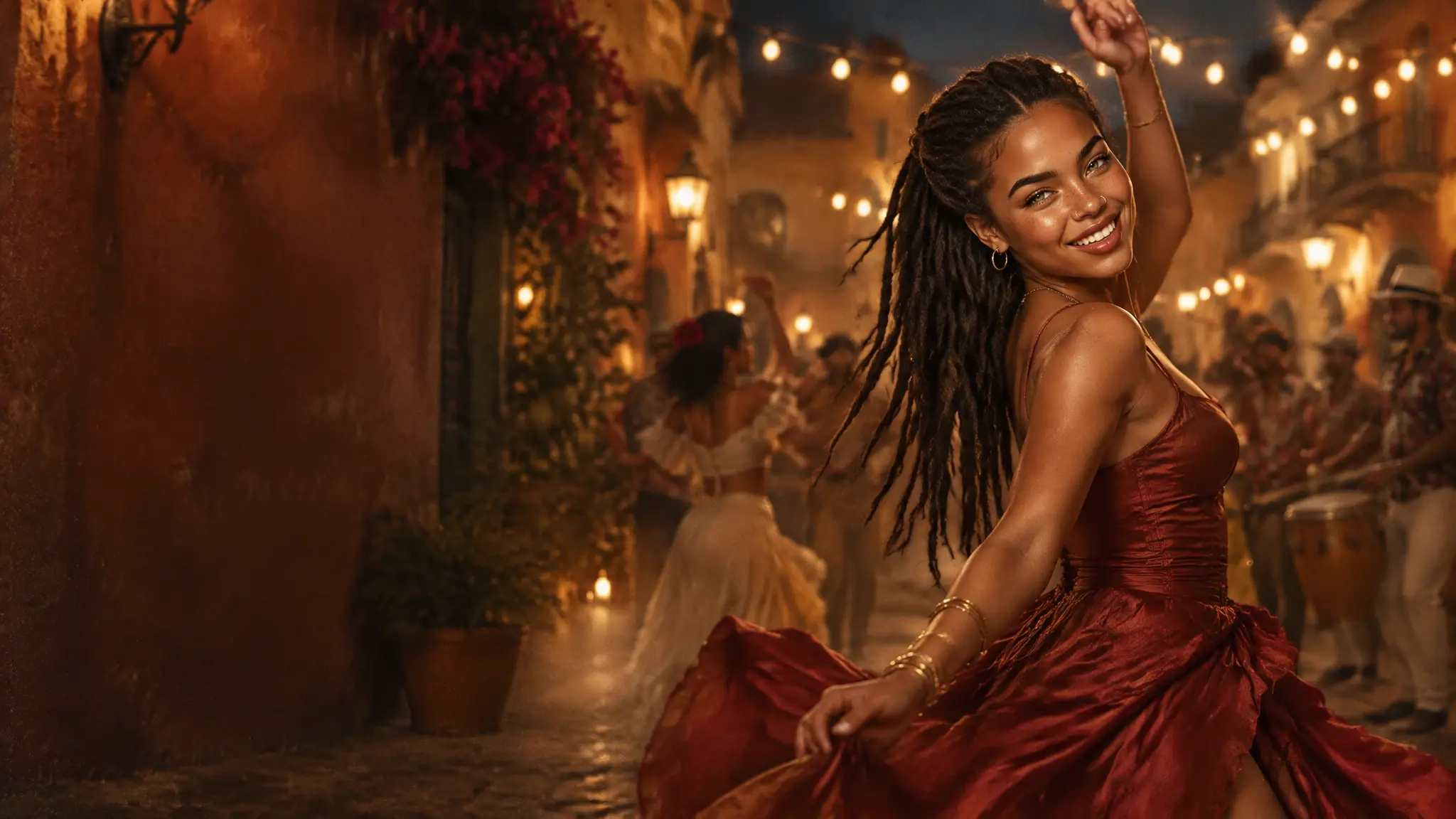 Lola, in a red satin dress, dancing and laughing at a night-time street fiesta under string lights