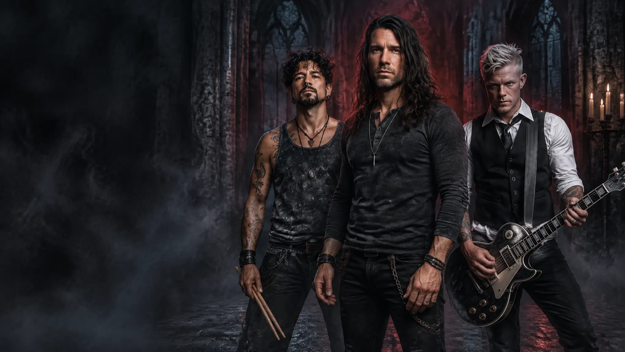 Metal to the Core: Draven, Normand and Veyra standing in a smoky gothic hall lit in red